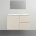 ADP Glacier Lite wall-hung vanity with ceramic top, light woodgrain finish, single bowl and twin drawers on a white front view