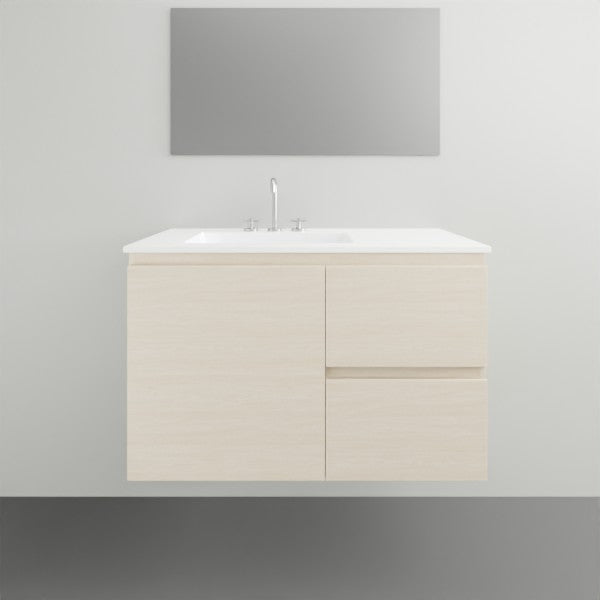 ADP Glacier Lite wall-hung vanity with white ceramic top and light woodgrain finish, front view in bathroom setting