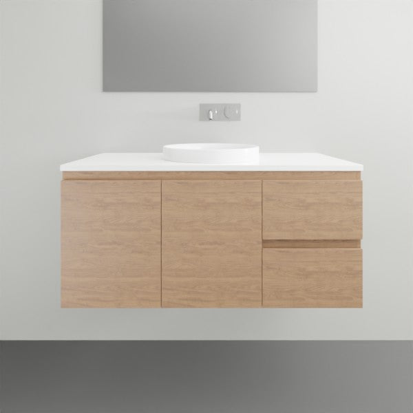 ADP Glacier Lite wall hung vanity in woodgrain finish with white top, right bowl and twin drawers