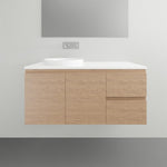 ADP Glacier Lite wall hung vanity in Boston Oak, with white Durasein top and centre basin, front view
