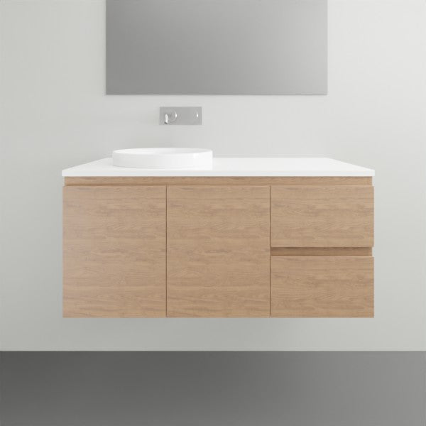 ADP Glacier Lite wall hung vanity in Boston Oak, with white Durasein top and centre basin, front view