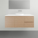 ADP Glacier Lite wall hung vanity in Boston Oak woodmatt with white Durasein top, doors and drawers, 1200mm right bowl layout