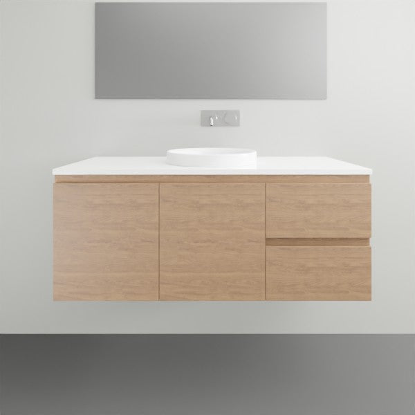 ADP Glacier Lite wall hung vanity in Boston Oak woodmatt with white Durasein top, doors and drawers, 1200mm right bowl layout