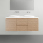 ADP Glacier Lite wall-hung twin vanity in woodgrain finish with white top, two basins, drawers and doors