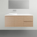 ADP Glacier Lite wall hung vanity in woodgrain finish with white top, single basin and door-drawer storage