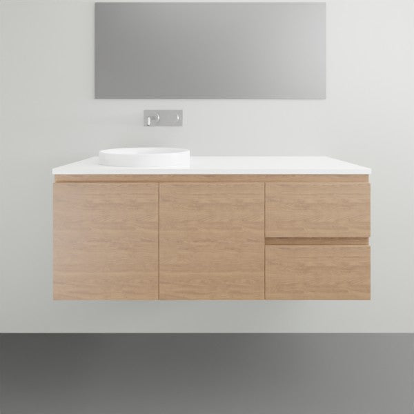 ADP Glacier Lite wall hung vanity in woodgrain finish with white top, single basin and door-drawer storage
