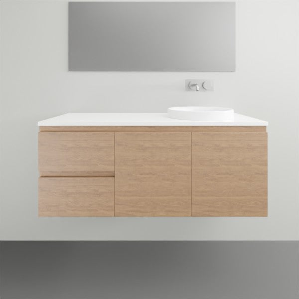 ADP Glacier Lite wall hung vanity in woodgrain finish with white Durasein top and centre basin, front view