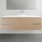 ADP Glacier Lite wall hung vanity in woodgrain finish with white Durasein top and right bowl layout