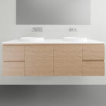 ADP Glacier Lite wall hung vanity in woodgrain finish with white top and twin round basins, front view