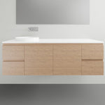 ADP Glacier Lite wall-hung twin vanity with white top, oak woodgrain finish and centre bowl basin.