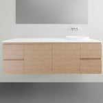 ADP Glacier Lite wall hung vanity in woodgrain finish with white Durasein top, left bowl and twin drawers shown front-on
