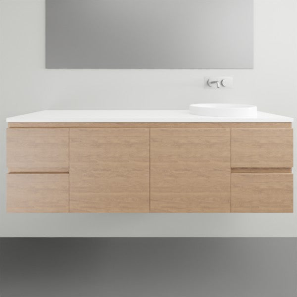 ADP Glacier Lite wall hung vanity in woodgrain finish with white Durasein top, left bowl and twin drawers shown front-on