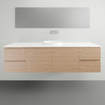 ADP Glacier Lite wall hung vanity in wood finish with white Durasein top and round basin, front view