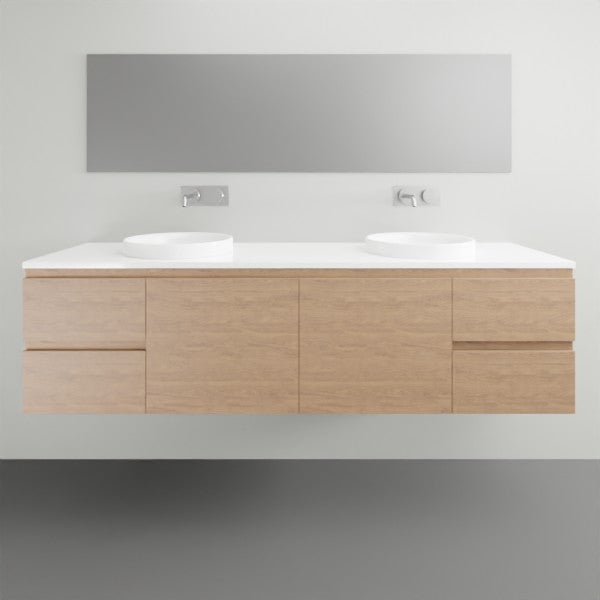ADP Glacier Lite wall-hung twin vanity in woodgrain finish with white top and dual basins in a bathroom setting