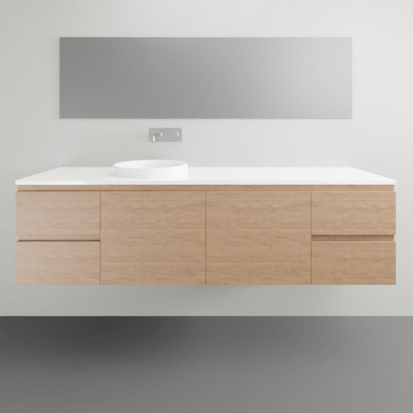 ADP Glacier Lite wall hung vanity in woodgrain finish with white top, single basin and drawers