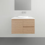 ADP Glacier Lite wall hung vanity with white Durasein top, woodgrain finish, one door and two drawers, front view