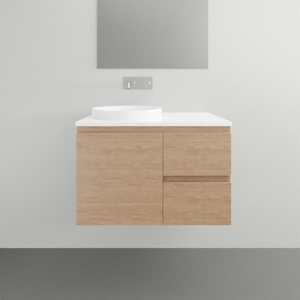 ADP Glacier Lite wall hung vanity in Boston Oak woodgrain with white Durasein top and round basin, front view