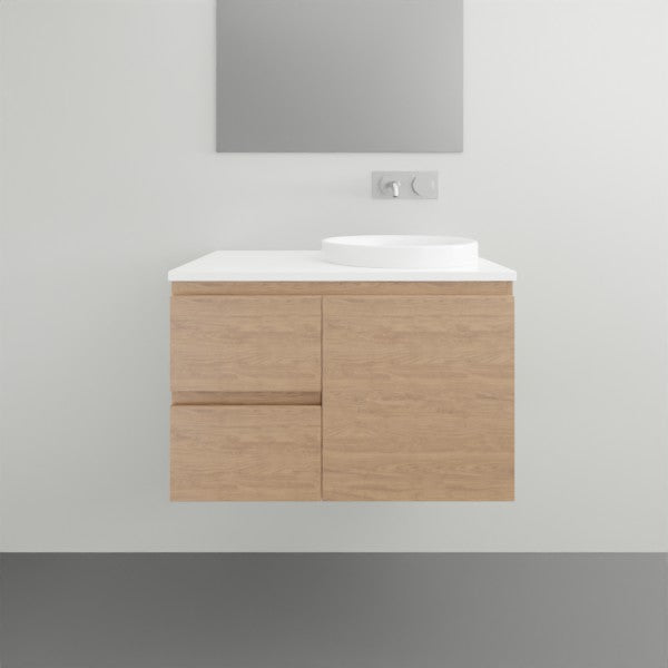 ADP Glacier Lite wall hung vanity with white top, oak woodgrain finish and left bowl in bathroom setting