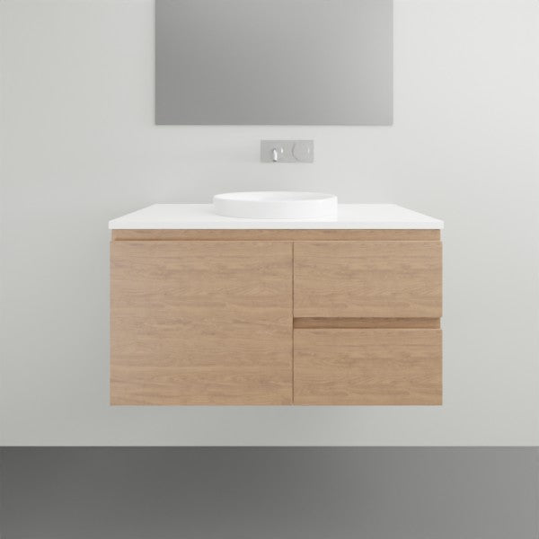 ADP Glacier Lite wall hung vanity in woodgrain finish with white top, right bowl, one door and two drawers