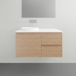 ADP Glacier Lite wall hung vanity in wood finish with white Durasein top and round basin, front view