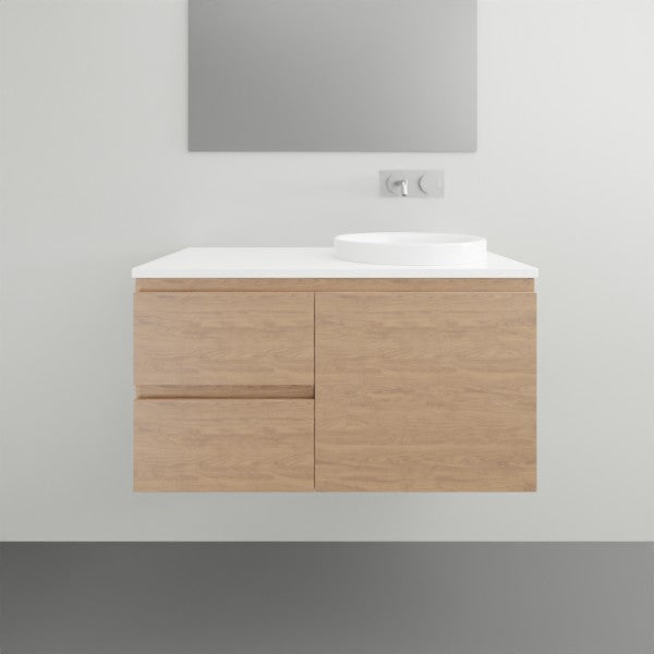 ADP Glacier Lite wall hung vanity in woodgrain finish with white top, left bowl and twin door-drawer front