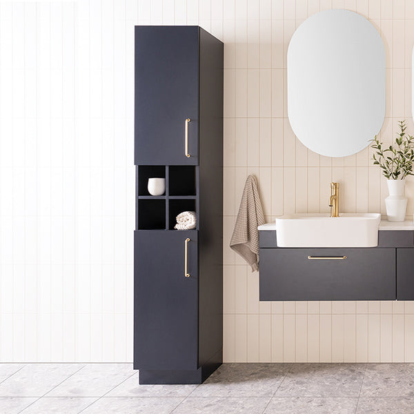 ADP Glacier Pro Shelf Tallboy in dark matte finish, wall hung bathroom storage cabinet with gold handles and open centre shelves