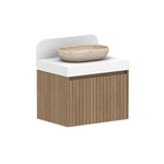 ADP Harper wall hung vanity with white Caesarstone top, oak woodgrain drawers and rounded basin