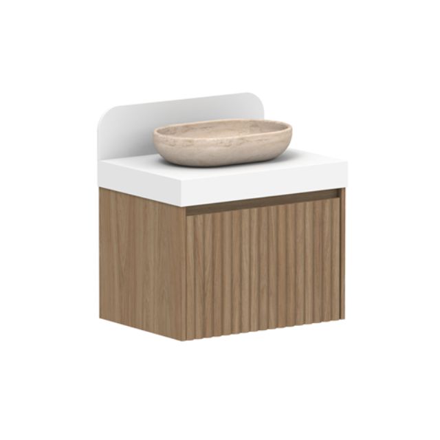 ADP Harper wall hung vanity with white Caesarstone top, oak woodgrain drawers and rounded basin