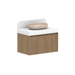 ADP Harper wall hung vanity with woodgrain cabinet, white top, rounded stone basin and matching splashback