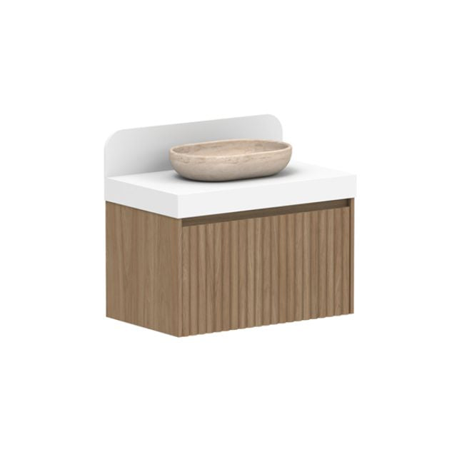 ADP Harper wall hung vanity with woodgrain cabinet, white top, rounded stone basin and matching splashback