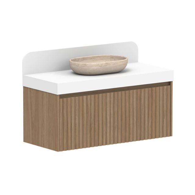ADP Harper wall hung vanity with white Caesarstone top, oak woodgrain drawers and matching splashback, centre bowl view
