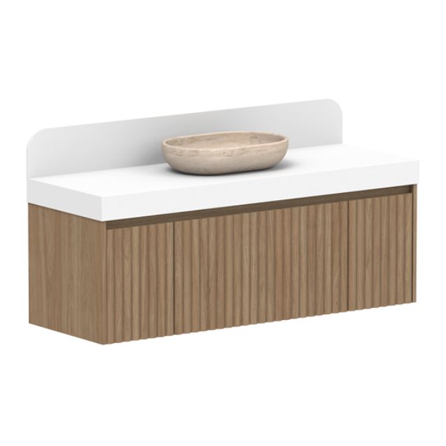 ADP Harper wall hung vanity with white Caesarstone top, Prime Oak woodgrain drawers and splashback, angled view