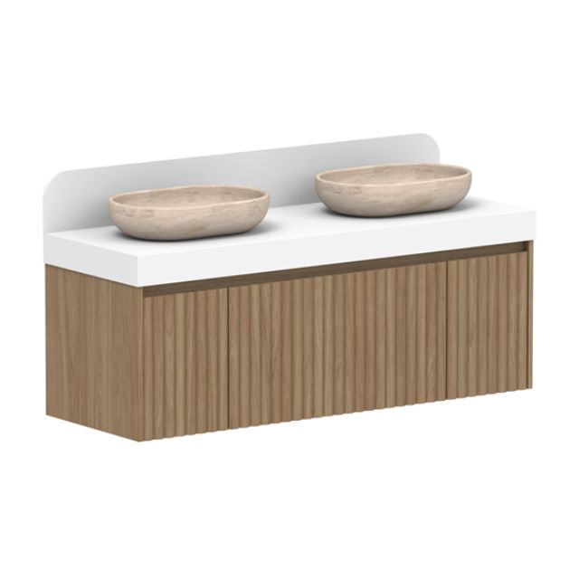 ADP Harper wall hung vanity in Prime Oak with white Caesarstone top, wall-mounted, with twin oval basins and splashback