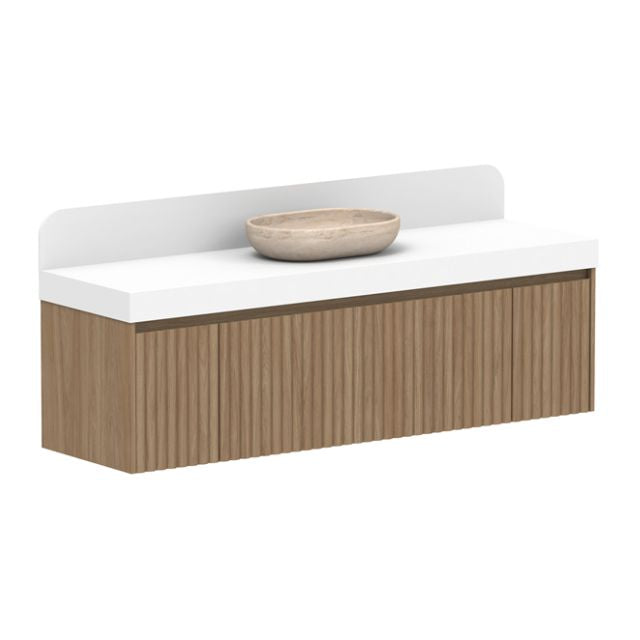 ADP Harper wall hung vanity with white top, Prime Oak woodgrain drawers and round basin hole panel view