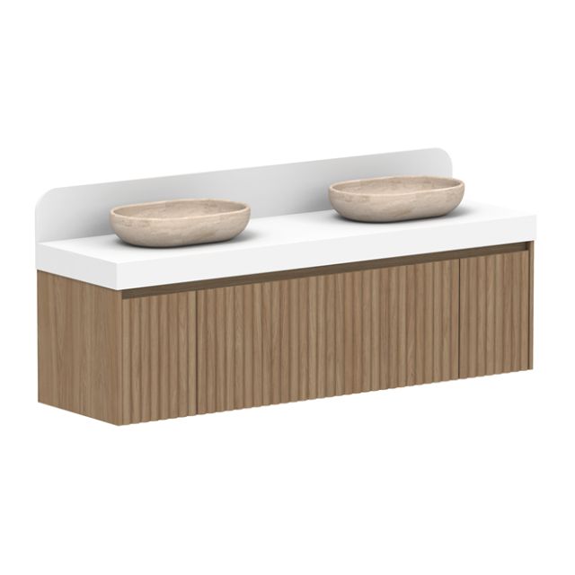 ADP Harper wall hung vanity with white Caesarstone top, Prime Oak woodgrain drawers and twin bowls