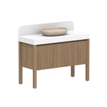 ADP Harper floor standing vanity with woodgrain cabinet, white top and matching splashback, shown with round vessel basin