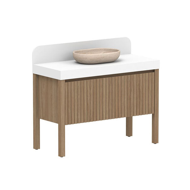 ADP Harper floor standing vanity with woodgrain cabinet, white top and matching splashback, shown with round vessel basin