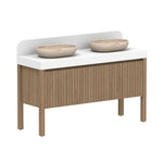 ADP Harper floor standing vanity with white top, woodgrain cabinet and two round beige basins, front view