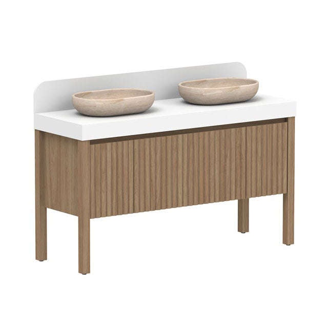 ADP Harper floor standing vanity with white top, woodgrain cabinet and two round beige basins, front view