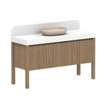 ADP Harper floor standing vanity with white Caesarstone top, woodgrain cabinet, rounded splashback and oval vessel basin