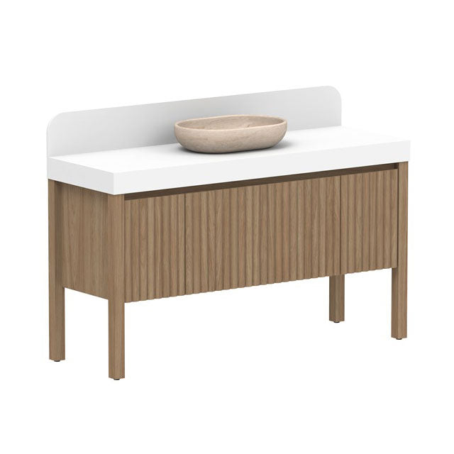 ADP Harper floor standing vanity with white Caesarstone top, woodgrain cabinet, rounded splashback and oval vessel basin