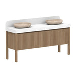 ADP Harper floor standing vanity in Florentine Walnut with white Caesarstone top and matching splashback, centre bowl style