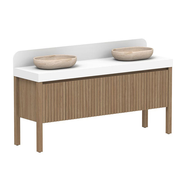 ADP Harper floor standing vanity in Florentine Walnut with white Caesarstone top and matching splashback, centre bowl style