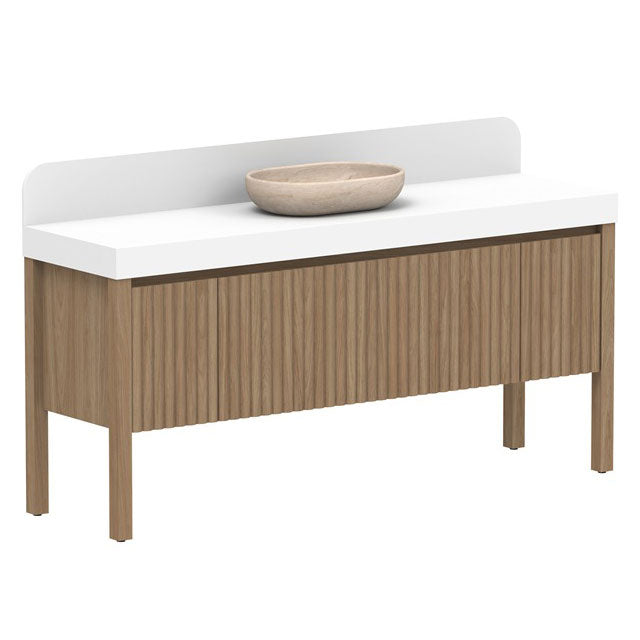 ADP Harper floor standing vanity in walnut finish with white Caesarstone top, splashback and oval above-counter basin