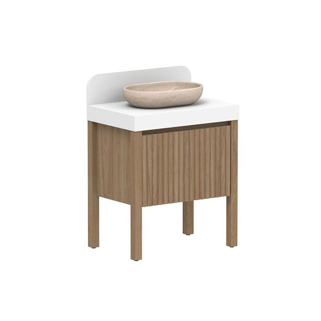 ADP Harper floor standing vanity, woodgrain finish, white Caesarstone top, oval basin and rounded splashback, angled view