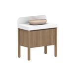 ADP Harper floor standing vanity in Florentine Walnut with white top, rounded splashback and bowl basin, front view