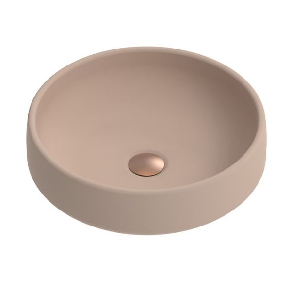 ADP Jean round concrete above counter basin in plum, 400mm, with no tap hole and plug waste visible
