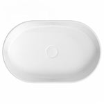 ADP Marilyn oval above-counter basin in gloss white ceramic, top view, with central waste hole and no tap hole