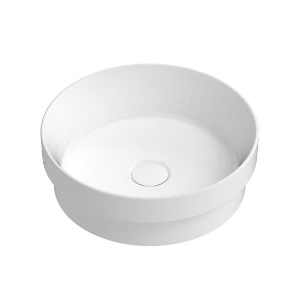 ADP Monica round semi inset basin in matte white ceramic, front view with no tap hole.