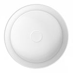 ADP Monica round semi inset basin in gloss white, top view, ceramic bathroom basin with centred waste hole